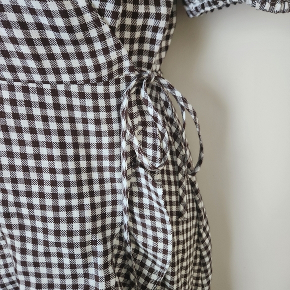 & Other Stories | Puff Sleeve 100% Linen Gingham Wrap Mini Dress - Size 2 - Picture 6 of 12